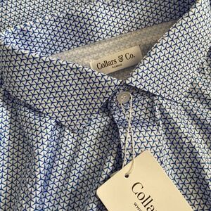 Collars & Co Mens XL Blue Print Semi Spread Collar Polo Shirt Stretch Casual